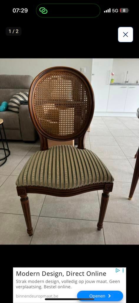 Mooie Franse eetkanerstoelen met rotan rugleuning, Enlèvement