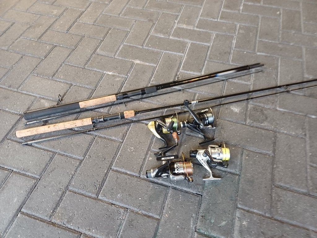twee spinhengels en drie molens, Watersport en Boten, Ophalen, Zo goed als nieuw, Werphengel