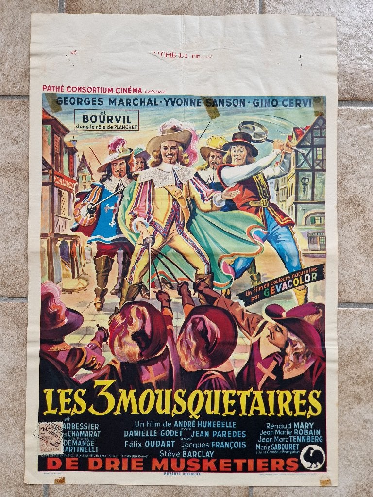 filmaffiche Bourvil les 3 mousquetaires 1953 filmposter, Ophalen of Verzenden, A1 t/m A3, Film en Tv, Rechthoekig Staand