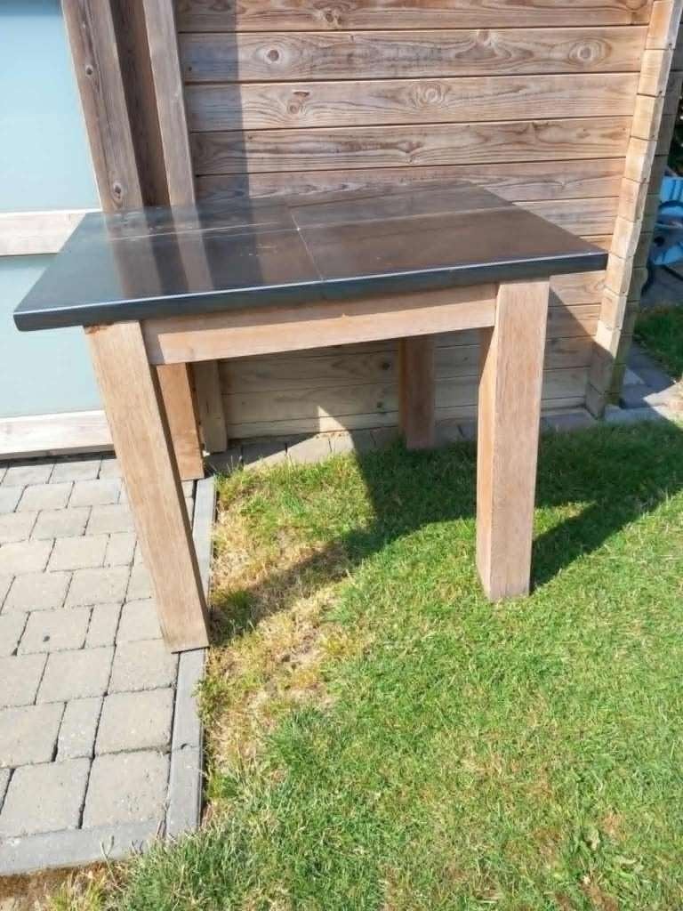 Prachtige eiken werktafel met plaatstaal blad, Tuin en Terras, Tuintafels, Ophalen, Zo goed als nieuw, Vierkant, Hout