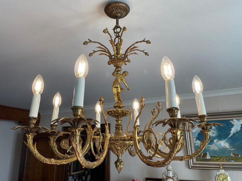 Vintage Franse bronsgouden kroonluchter, Ophalen, Zo goed als nieuw, Metaal, Franse Lodewijk XV-stijl (Louis xV/Rococo)