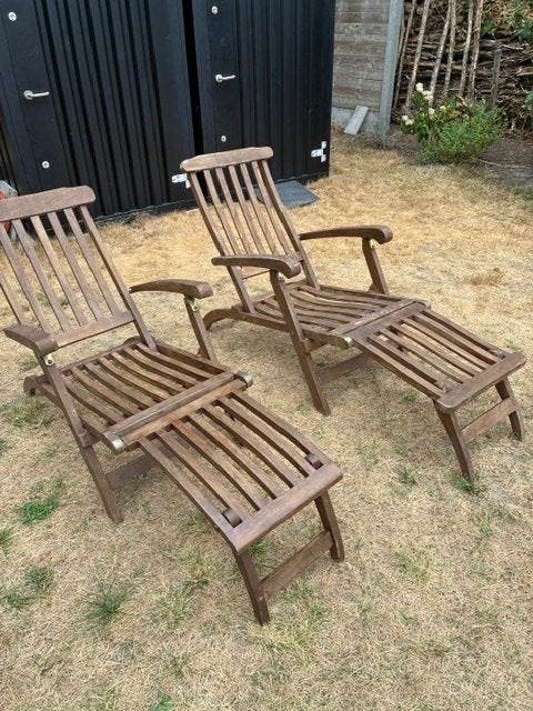 2 Teak ligstoellen met antraciet kussens, Tuin en Terras, Ophalen, Gebruikt, Inklapbaar