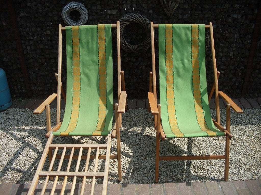 2 vintage houten strandstoelen, Tuin en Terras, Ophalen, Gebruikt, Hout, Inklapbaar