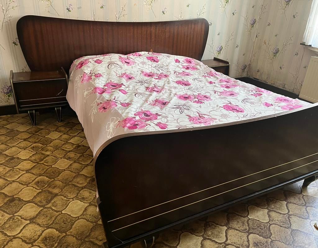 Vintage bed, nachtkastjes, kledingkasten, Huis en Inrichting, Slaapkamer | Complete slaapkamers, Ophalen, Gebruikt, Tweepersoons