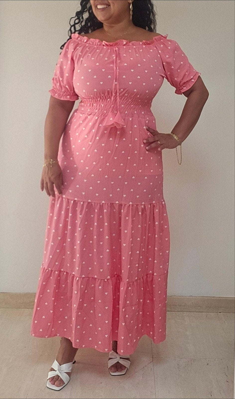 Prachtige lange roze jurk met hartjes – maat L, Ophalen of Verzenden, Maat 42/44 (L), Roze