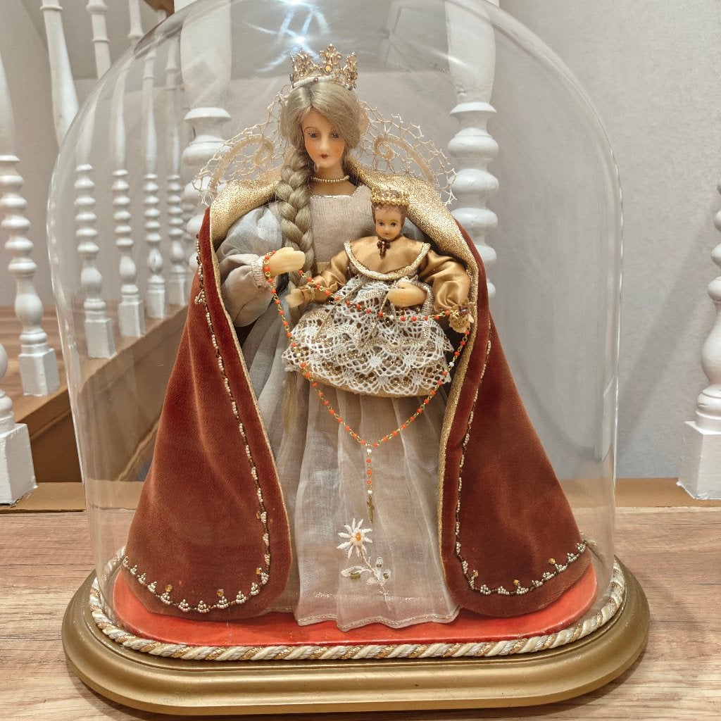 Beeld van Madonna met kind onder glazen stolp, Glas, Ophalen, Gebruikt, Met deksel