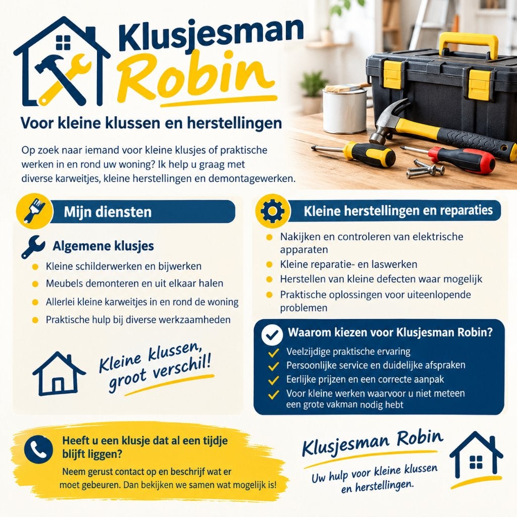Klusjesman Robin – Voor kleine klussen en herstellingen, Ophalen of Verzenden, Zo goed als nieuw