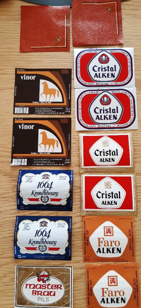 Étiquettes de bière 1984-90 Faro +Cristal Alken +Vinor +1664, Enlèvement ou Envoi, Comme neuf, Panneau, Plaque ou Plaquette publicitaire