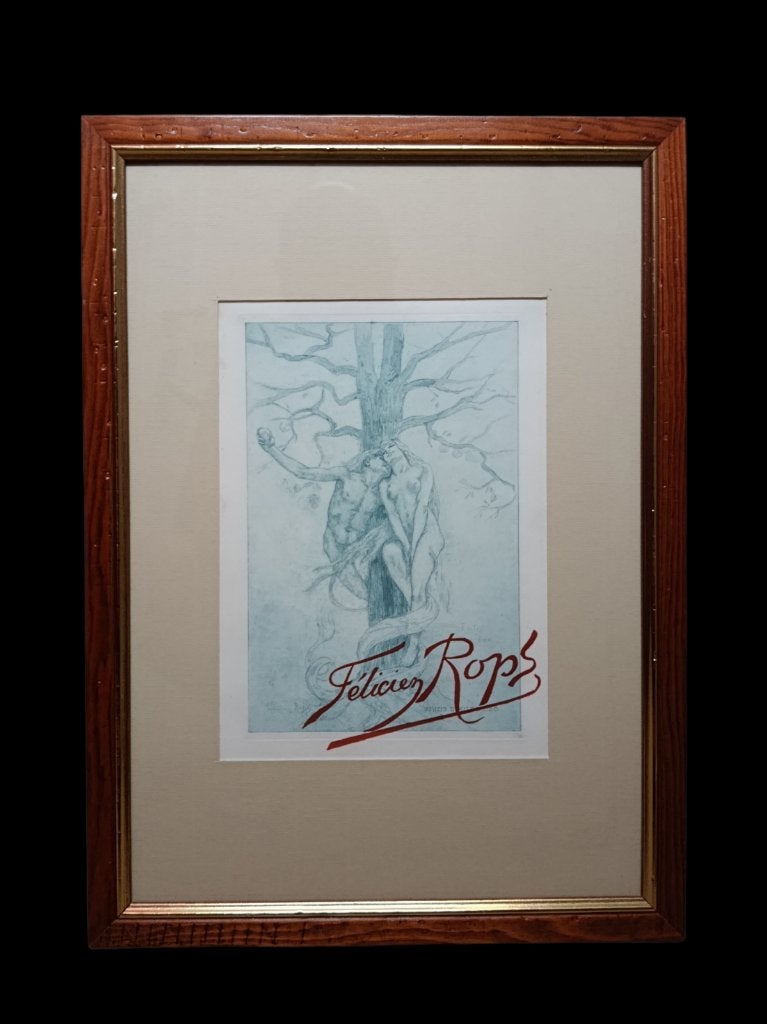 ROPS Félicien: Gravure, Eritis similes deo. Exsteens, n866., Antiquités & Art, Art | Eaux-fortes & Gravures, Encadré, Gravure