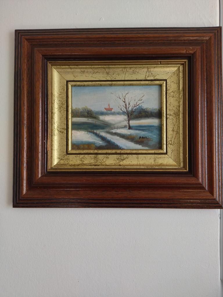 Miniatuurschilderij oud winterlandschap olieverf op hout F R, Antiek en Kunst, Ophalen of Verzenden