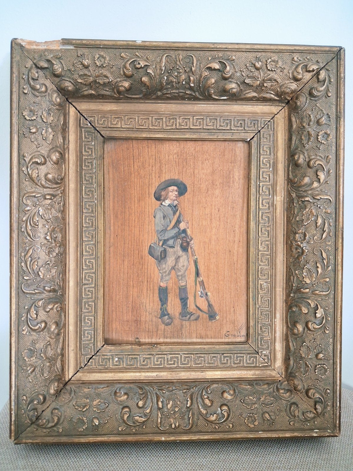 schilderij olieverf op hout jager ca 1800-1815, Antiek en Kunst, Ophalen of Verzenden, Gesigneerd