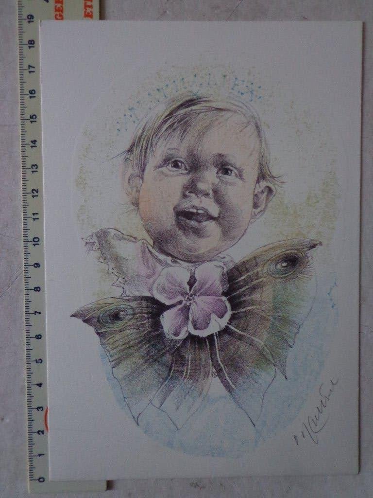 litho in kleur van Oldrich Kulhanek "Baby met vlinder", Antiek en Kunst, Kunst | Litho's en Zeefdrukken, Gesigneerd, Ophalen of Verzenden
