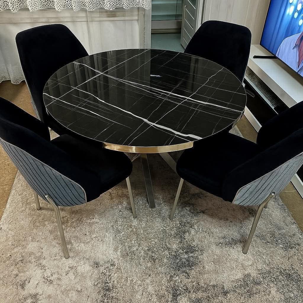 Ronde Eettafel Marmerlook met 4 Stoelen, Ophalen, Nieuw, Rond, Metaal