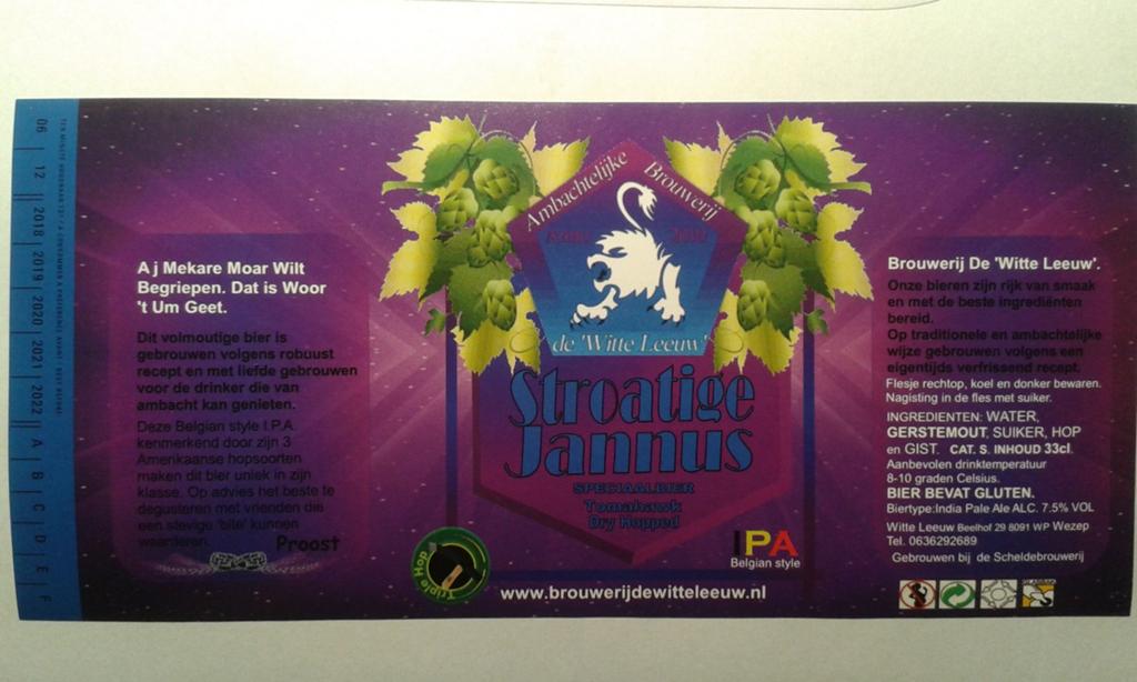 Étiquette de bière « Stroatige Jannus » (Scheldebrouwerij Be, Collections, Marques de bière, Enlèvement ou Envoi, Neuf, Leeuw
