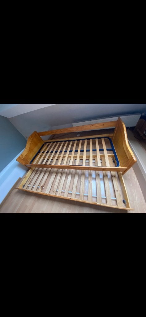 2 bedden van 90x200 met opbergruimte + boxsprings inbegrepen, Ophalen, 90 cm, Eenpersoons, Bruin