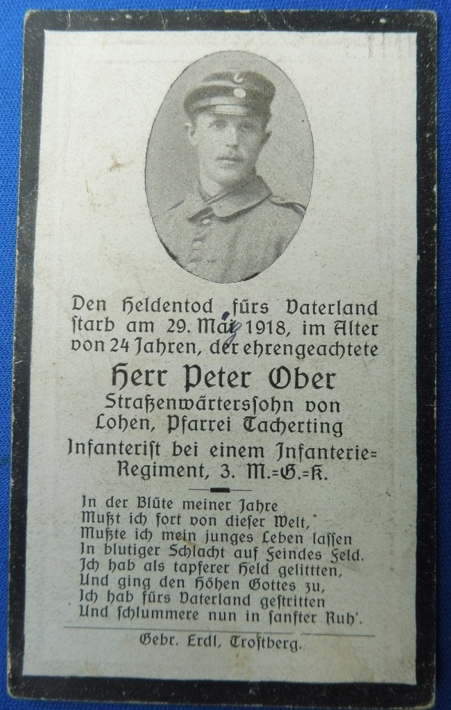 WOI Sterbebild (1918) – Infanterist Peter Ober (3. M.-G.-K.), Envoi, Armée de terre, Autres types
