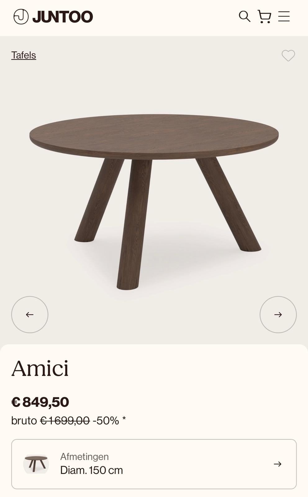 Junto tafel rond 130 cm, Huis en Inrichting, 100 tot 150 cm, Nieuw, Ophalen of Verzenden, Vier personen