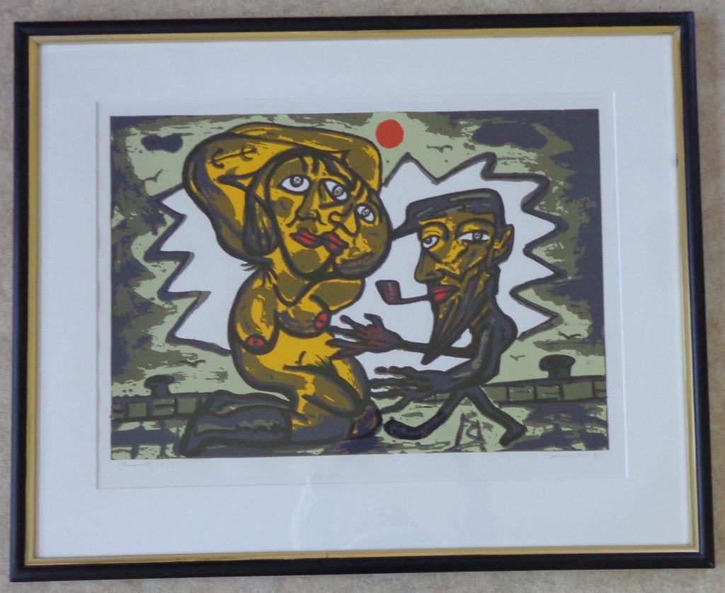 FRED BERVOETS / HIJ MET PIJP / KLEURZEEFDRUK / 79x97cm KADER, Antiquités & Art, Enlèvement