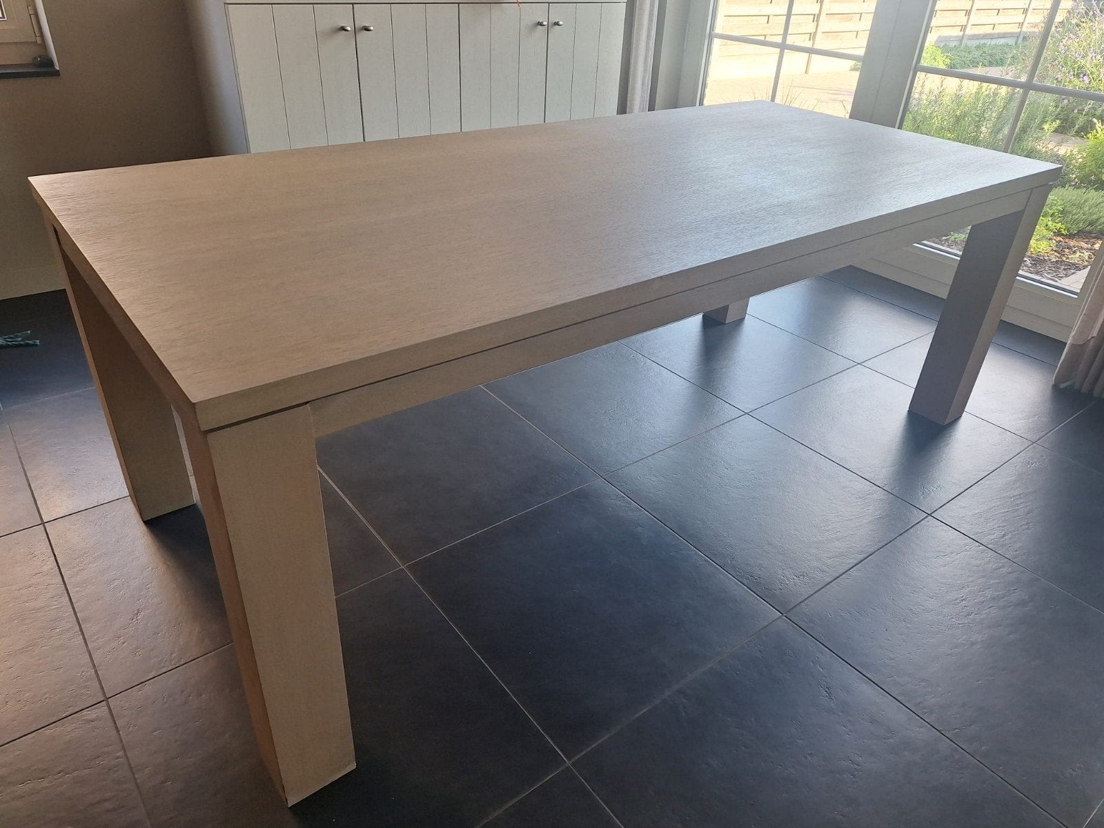 Table en chêne (chêne gris laqué) 2m20 x 1m, 100 à 150 cm, Enlèvement, Utilisé, Chêne