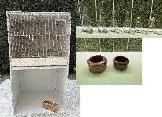 oude vogelkooi + toebehoren, Ophalen, Gebruikt, Hout, Vogelkooi