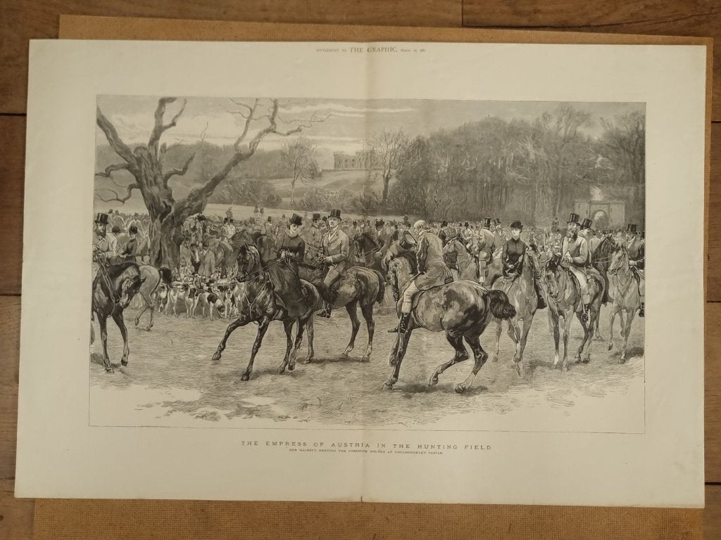 Houtgravure keizerin Sisi op jacht - The Graphic 1881, Antiek en Kunst, Ophalen, 1800 - 1899, 62 cm, Gravure