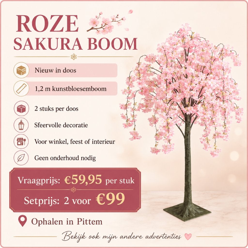 Kunst Sakura Boom 1,2 m – €59,95 p/stuk of 2 voor €99, Huis en Inrichting, Woonaccessoires | Kunstplanten en Kunstbloemen, Nieuw