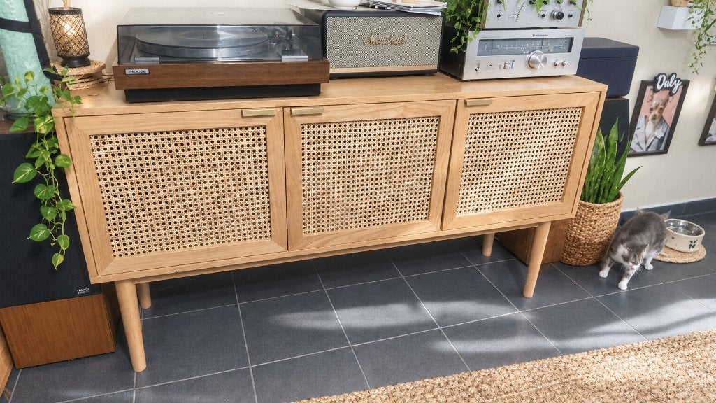 Buffet en bois et cannage 3 portes, Excellent état., Enlèvement, Comme neuf, Avec porte(s)
