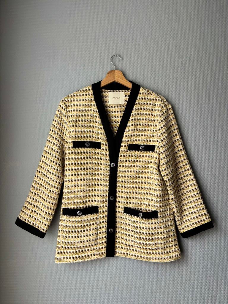 Maje - Blazer met tweed - L, Kleding | Dames, Jasjes, Kostuums en Pakken, Zo goed als nieuw, Jasje, Maat 42/44 (L), Geel, Verzenden