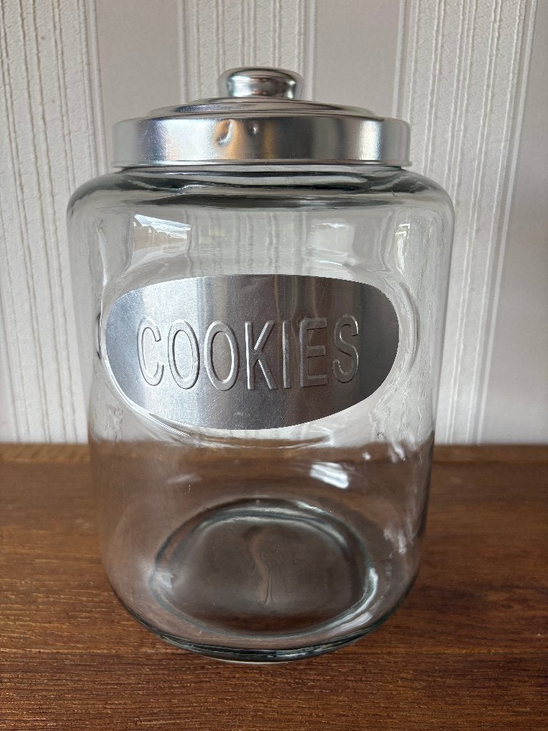 Grote Glazen Koekjespot "Cookies" met Metalen Deksel, Huis en Inrichting, Keuken | Servies, Gebruikt, Overige typen, Vintage, Ophalen of Verzenden