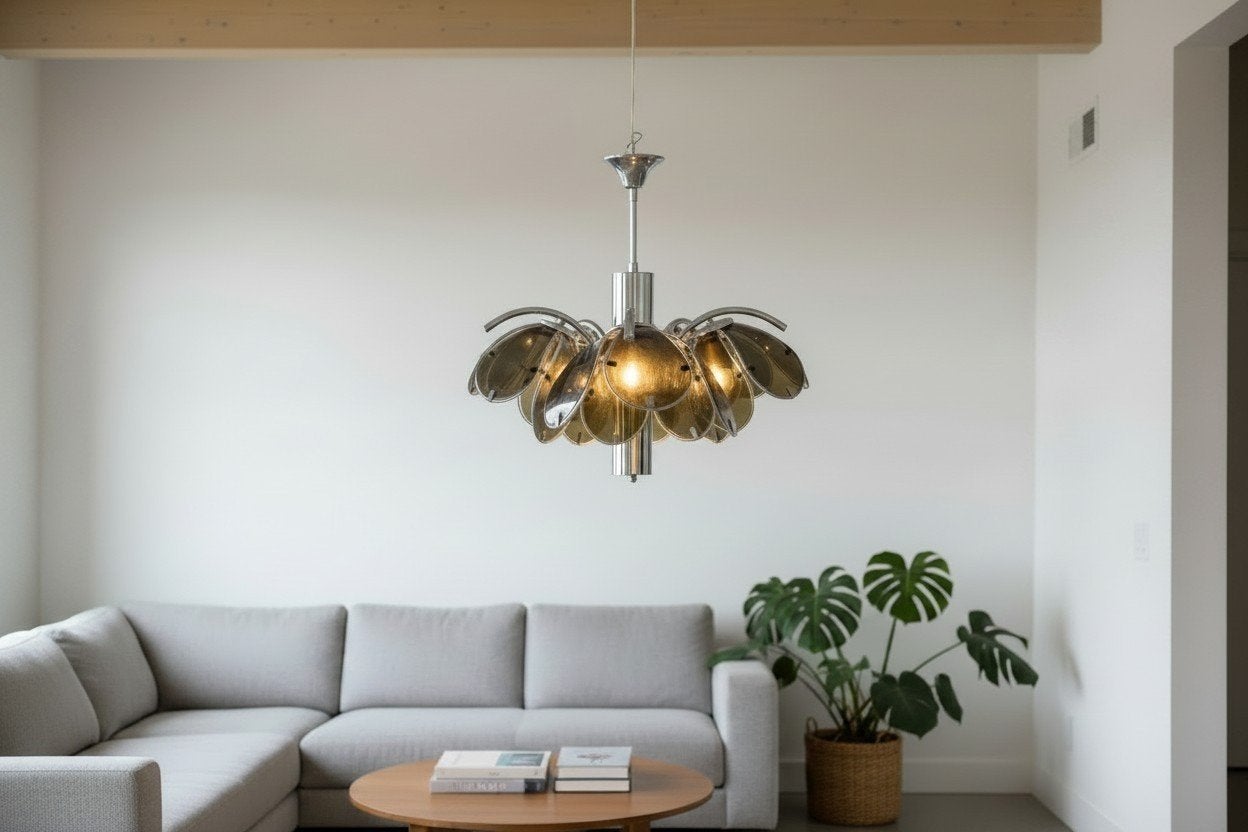 Vintage chromen lotus hanglamp / luster met fumé glas, Antiek en Kunst, Ophalen