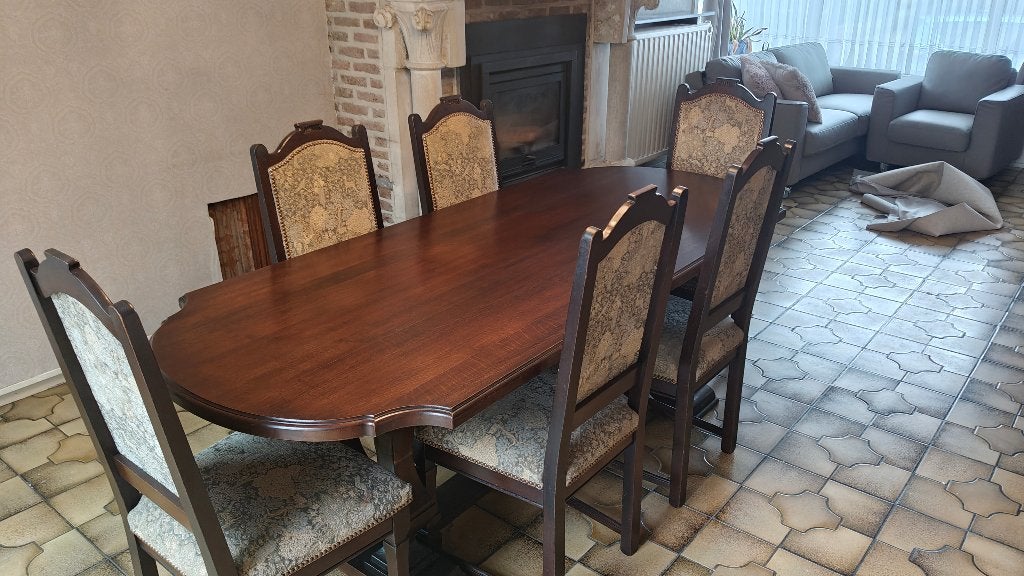 Klassieke eiken eettafel (onberispelijk blad) + 6 stoelen, Huis en Inrichting, Ophalen, Gebruikt, Eikenhout, 200 cm of meer