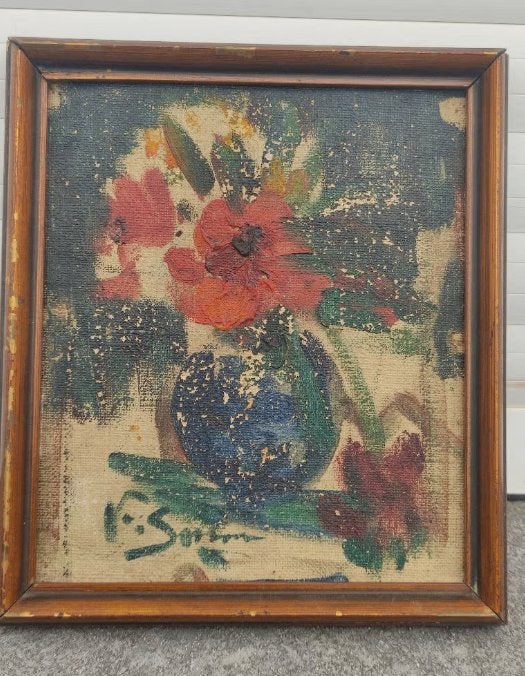 huile sur toile maroufle fleurs signe victor simonin, Antiquités & Art, Art | Peinture | Classique, Enlèvement ou Envoi, Fleurs