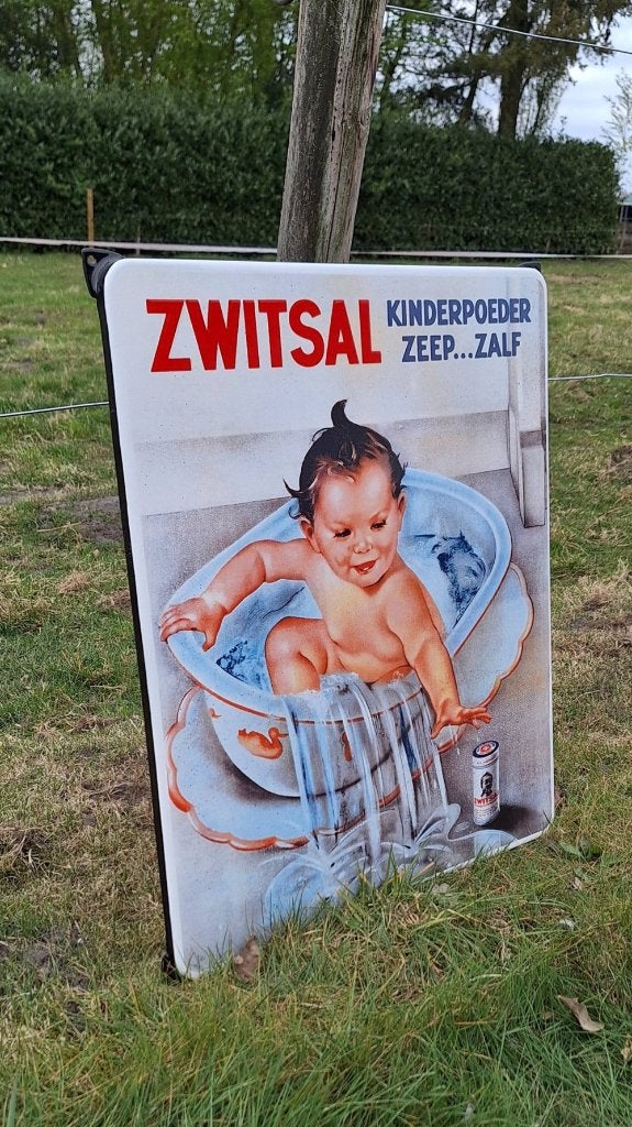 Emaile reclame bord van Zwitsal kinderpoeder zeep...zalf., Ophalen of Verzenden, Zo goed als nieuw, Reclamebord