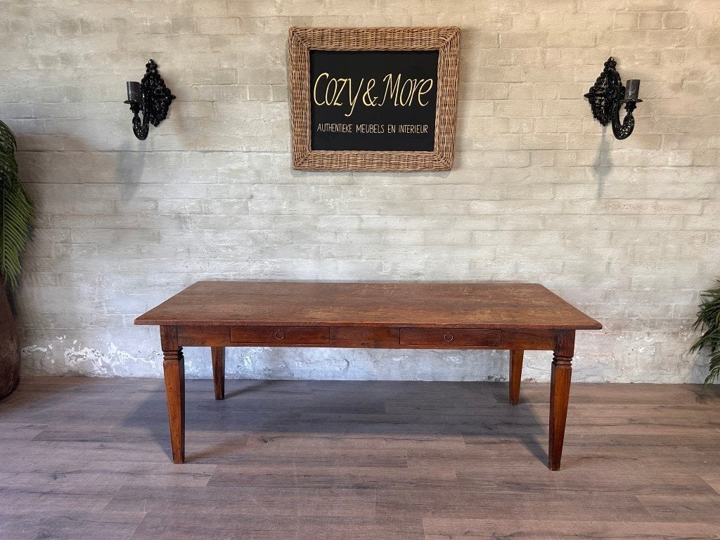 Franse boerentafel - 219 x 90 cm + 79 cm hoog / 2 lades, Huis en Inrichting, Tafels | Eettafels, Gebruikt, 50 tot 100 cm, 200 cm of meer