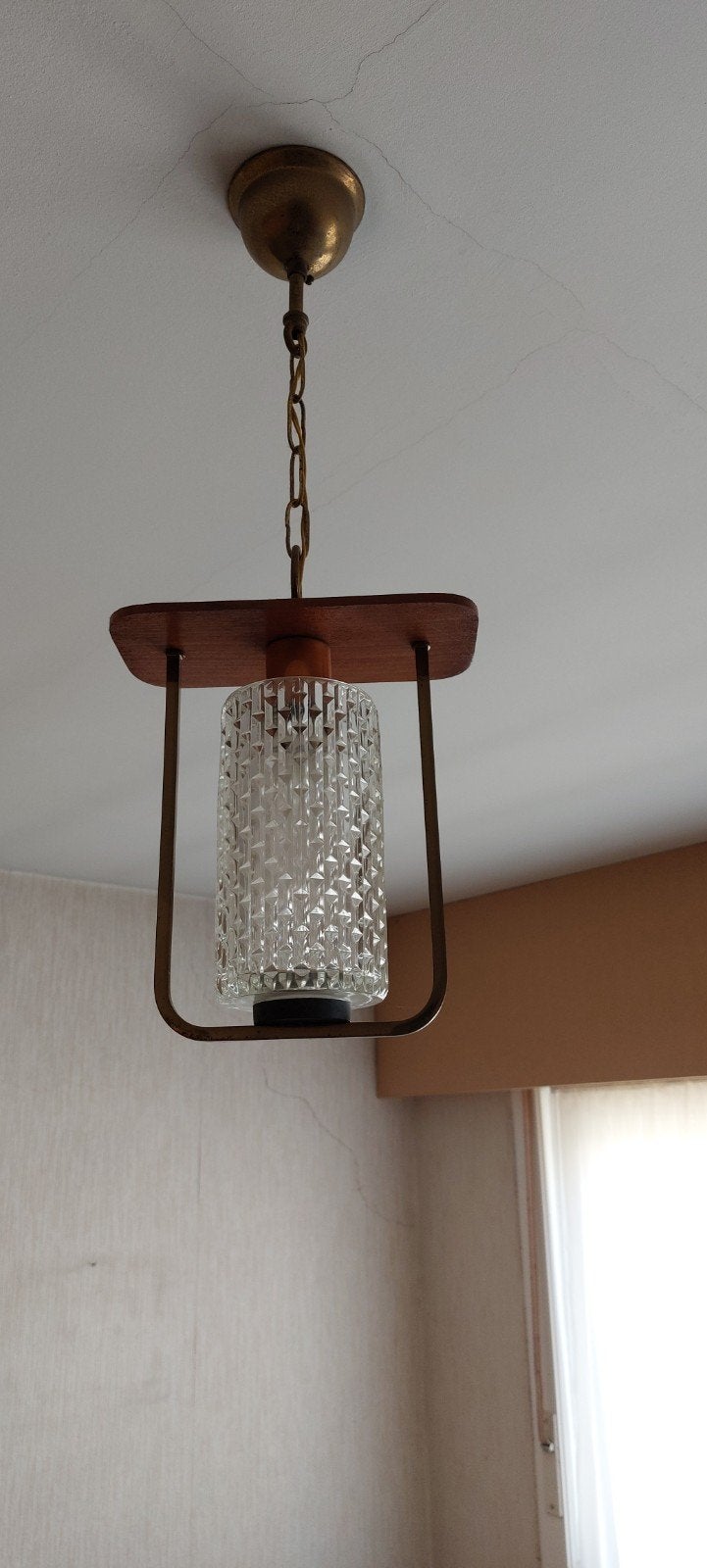 Vintage luster, Maison & Meubles, Lampes | Plafonniers, Utilisé, Plafonnier, E27 (grand), Verre, Bois, Métal, Vintage, Enlèvement
