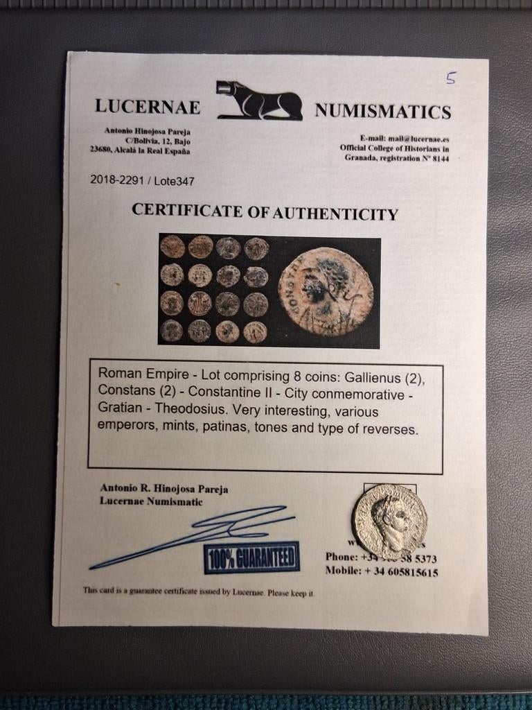 Lot 5 van 8 romeinse munten met certificaat, Ophalen of Verzenden