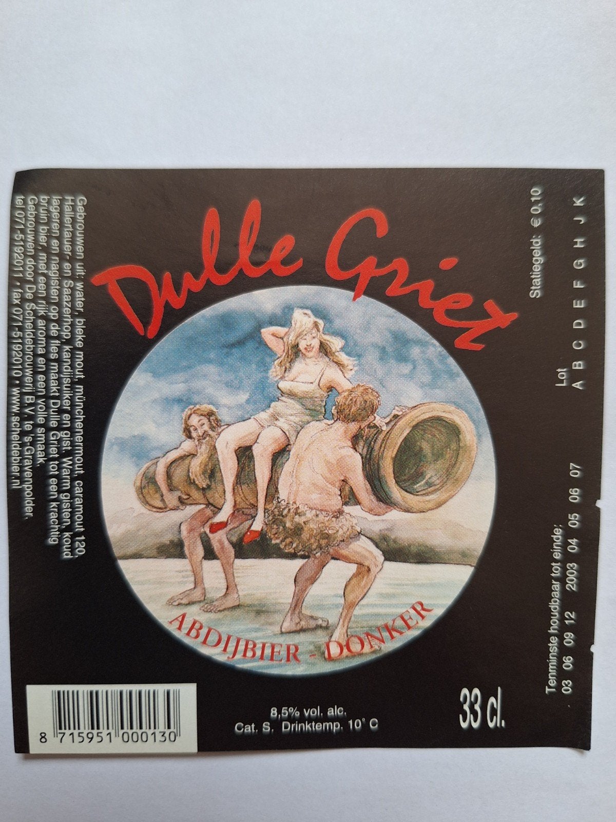 Bieretiket dulle griet donker abdijbier scheldebrouwerij, Ophalen of Verzenden