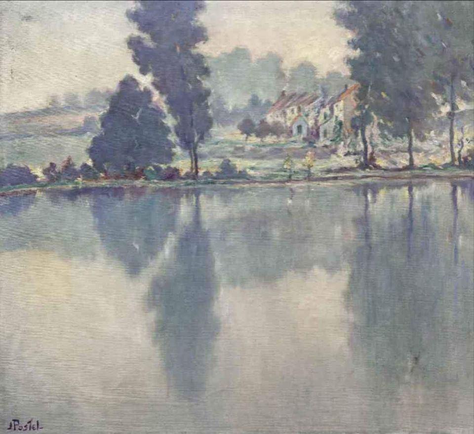 Huile sur toile lac signe jules postel, Antiek en Kunst, Kunst | Schilderijen | Klassiek, Ophalen of Verzenden