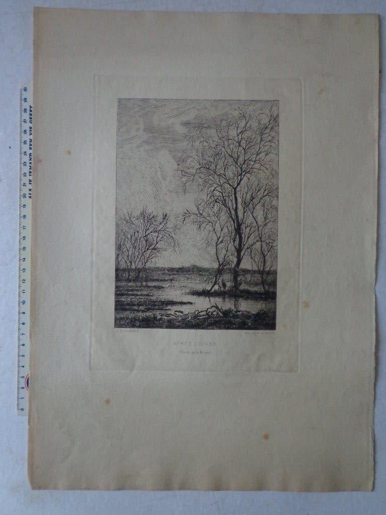 gravure de Théodore T'Scharner « Après l'hiver », Eau-forte, Paysage, Signé, 1800 - 1899