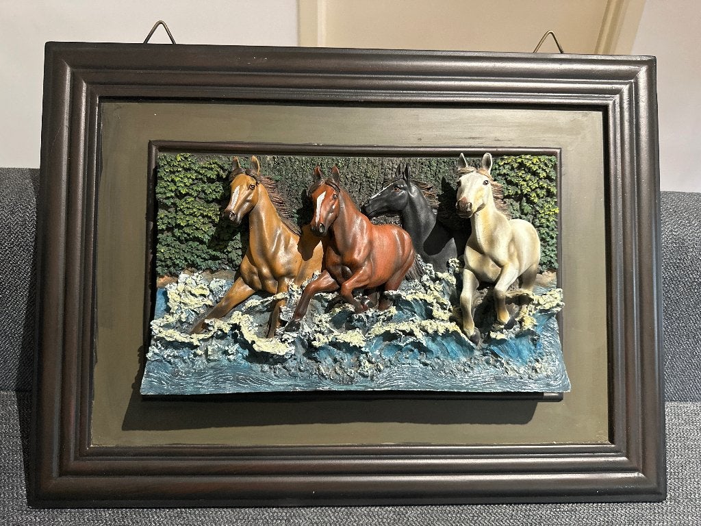 Groot 3D paardenreliëf wanddecoratie in houten kader 40  55, Autres styles, Enlèvement ou Envoi, Multicolore, Tableau