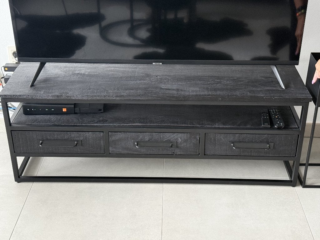 tv meubel industrieel zwart metaal , zwart mango hout, 25 à 50 cm, Moins de 100 cm, Chêne, Comme neuf