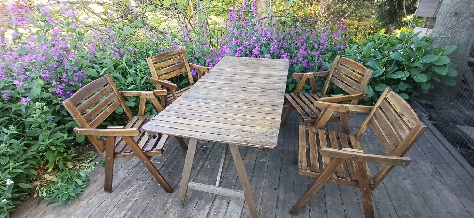 Houten tuinset met 4 stoelen, Tuin en Terras, Ophalen, 4 zitplaatsen, Gebruikt, Eettafel
