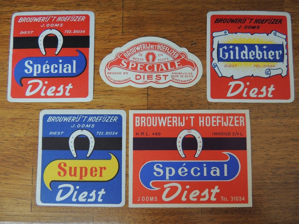 Diest brouwerij 'T Hoefijzer Gildenbier bier etiket 5 stuks, Verzamelen, Verzenden, Zo goed als nieuw, Overige typen, Overige merken