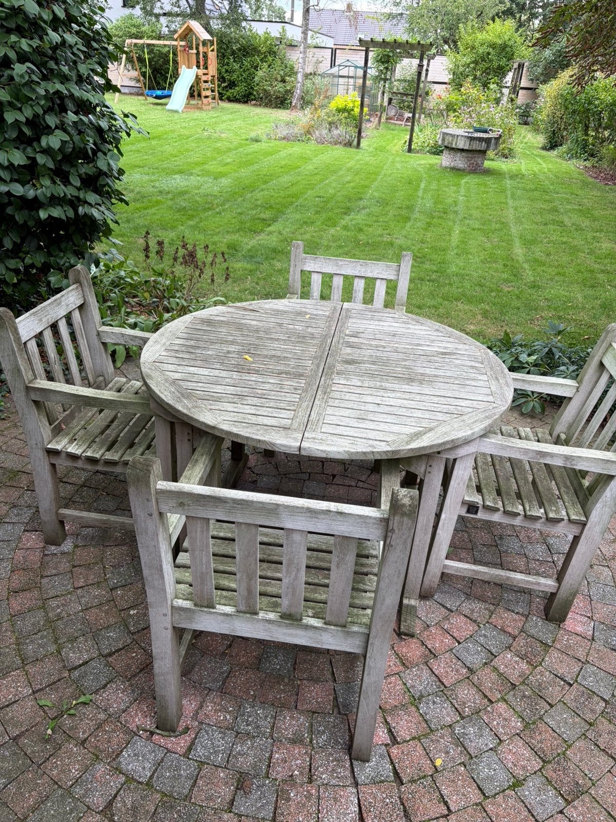 Tuinset rond uitschuifbaar, Jardin & Terrasse, Ensembles de jardin, Table à dinner, Salons de jardin, Comme neuf, Enlèvement