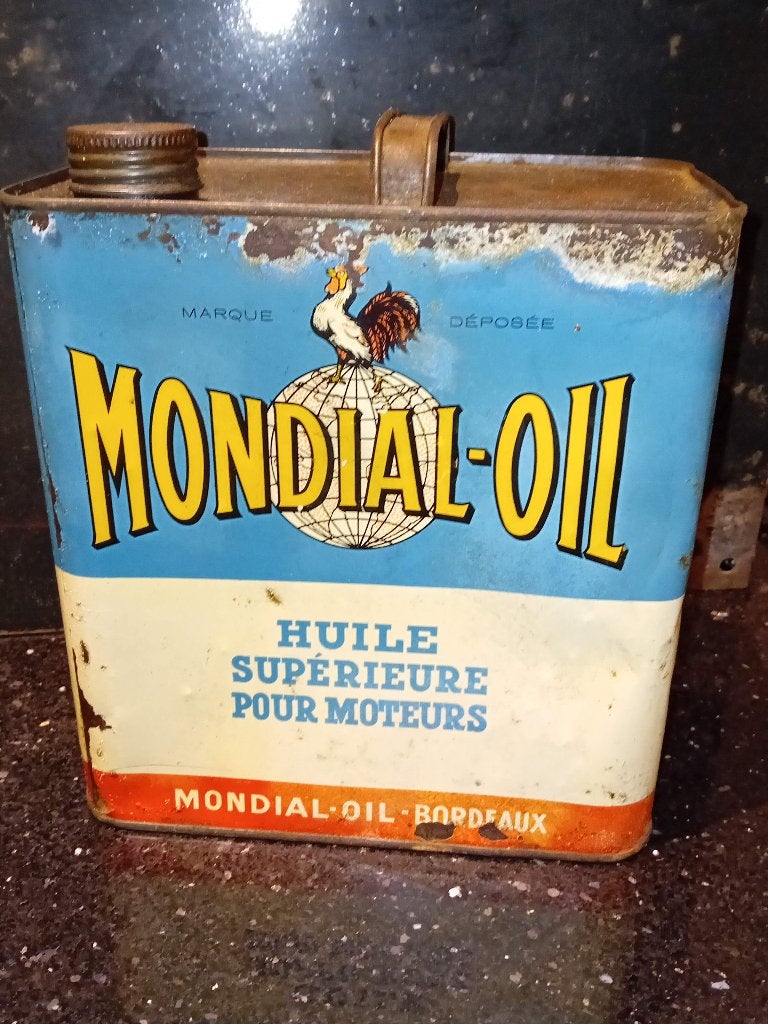 Groot, zeldzaam en decoratief olieblik MONDIAL OIL, Ophalen of Verzenden, Gebruikt