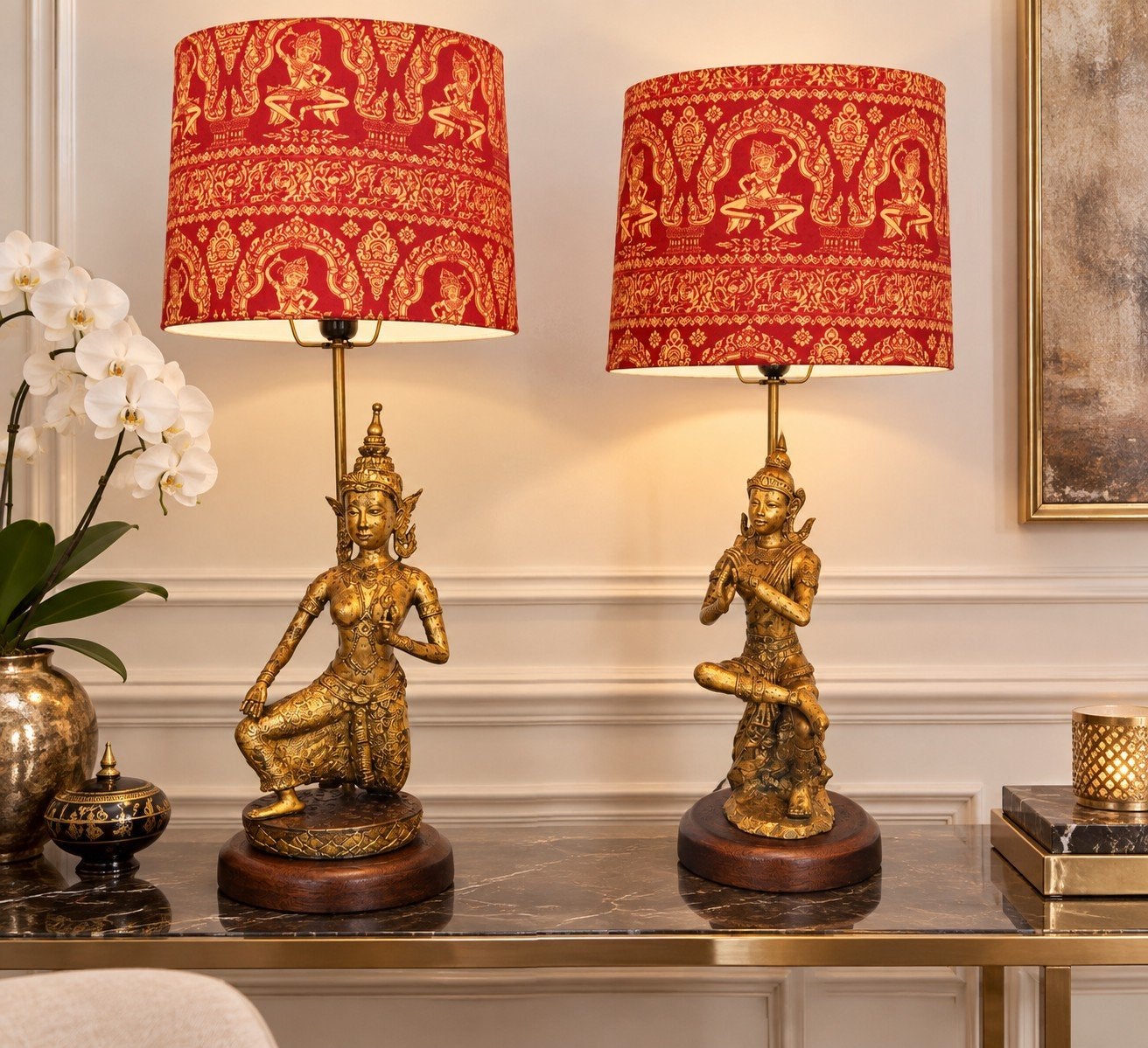 rare 2 lampes bronze 19 eme Thaïlande estampillé soie chiang, Enlèvement ou Envoi, Bronze