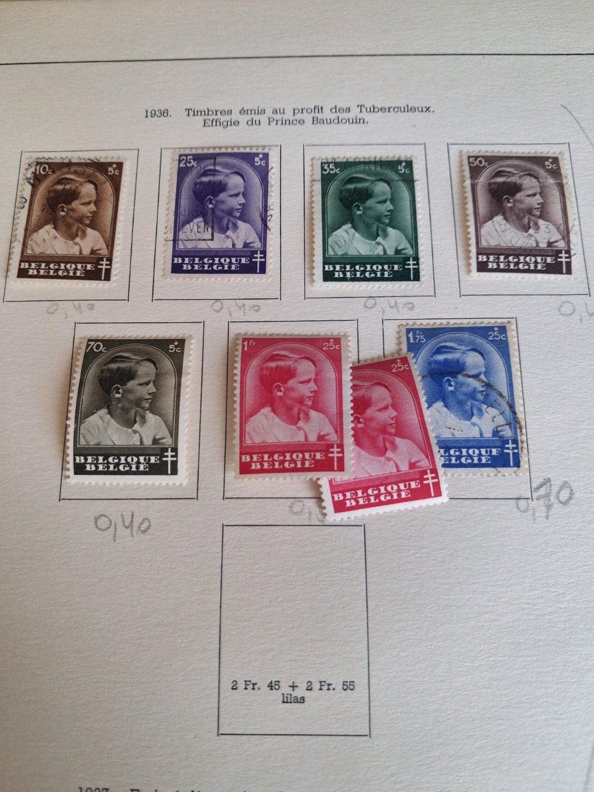 1936 timbres belges COB 438 a 444 plus le 446, Enlèvement ou Envoi