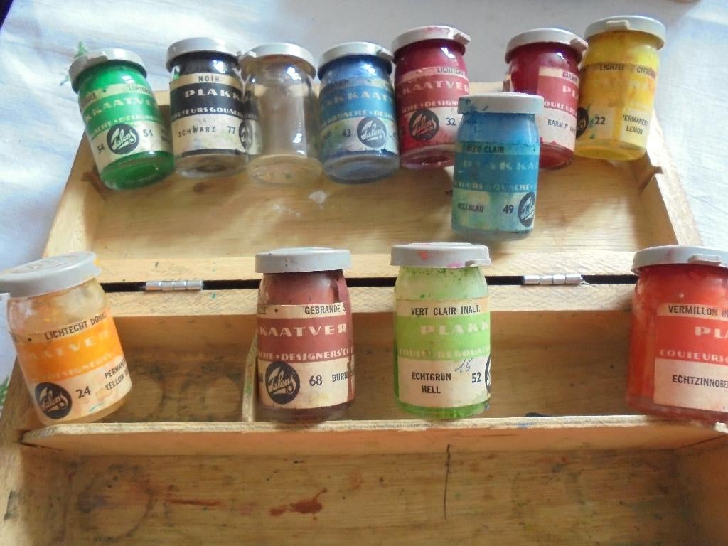 Coffret en bois avec 13 pots de peinture ancienne TALENS, Enlèvement ou Envoi, Utilisé