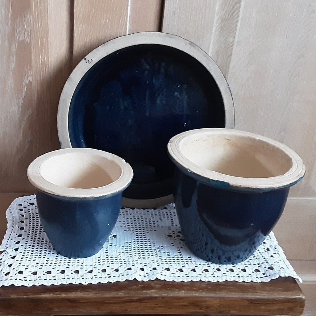 Stenen bloempotten en onderschaal, 6€ voor alledrie samen, Tuin en Terras, Steen, Rond, Ophalen of Verzenden, Balkon