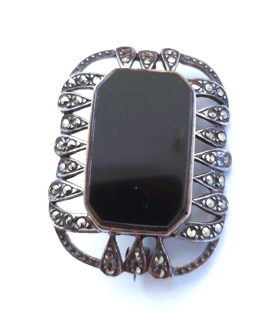 Broche en marcassite avec pierre d'onyx, Enlèvement ou Envoi, Argent, Argent, Moins de 4 cm